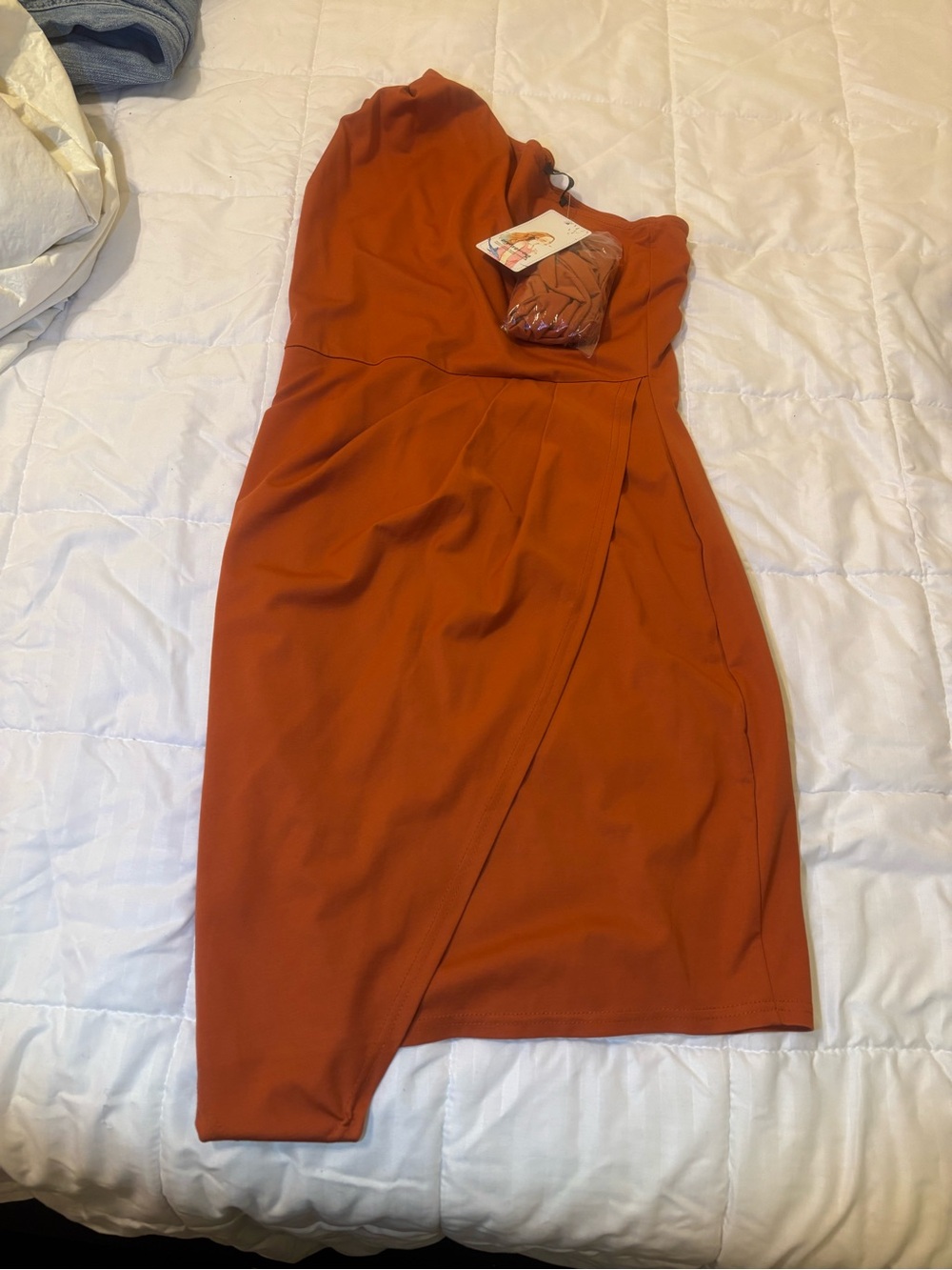 One-Shoulder Rust Orange Wrap-Front Women’s Dress